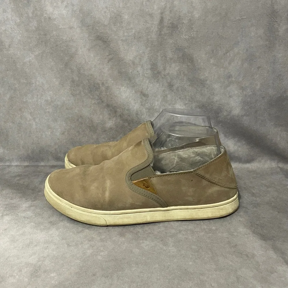 OluKai Pehuea Heu Womens 8 Tan Leather Suede Shearling Slip On Loafer‎ Shoes